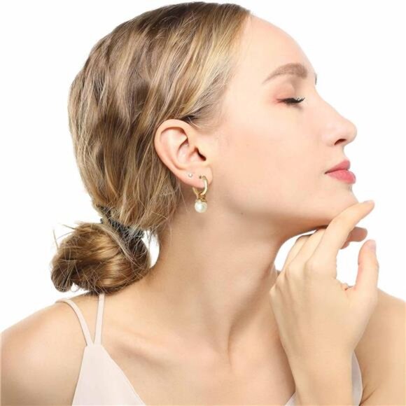 14K Gold-Plated Pearl Hoop Drop Earrings – Lightweight, Hypoallergenic - Picture 5 of 6